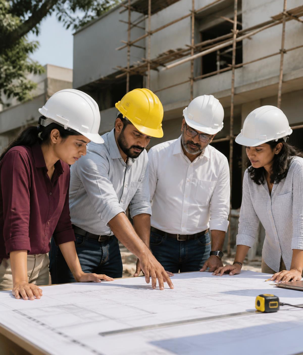 GARDE engineers reviewing house plans at a construction site